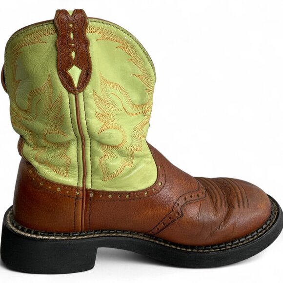 Justin Leather Lime Green Brown Roper Western Cowgirl Cowboy Boots Women's 8.5 B - Picture 6 of 14